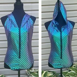 NEW Blue Iridescent Mermaid Scale Hooded Zip Front Bodysuit Costume Cosplay